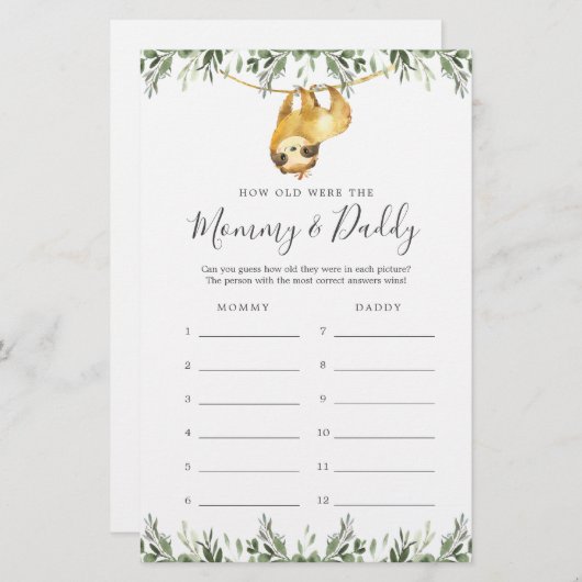 Sloth Baby Dusche wie alt waren sie Spielkarte (Vorne/Hinten)