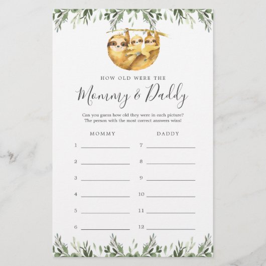 Sloth Baby Dusche wie alt waren sie Spielkarte (Vorderseite)