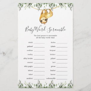 Sloth Baby Dusche Word Scramble Game