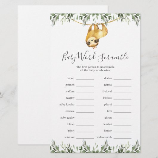 Sloth Baby Dusche Word Scramble Game (Vorne/Hinten)