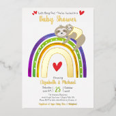 Sloth Baby Duwer Rainbow Gender Neutral Real Gold Folieneinladung (Vorderseite)