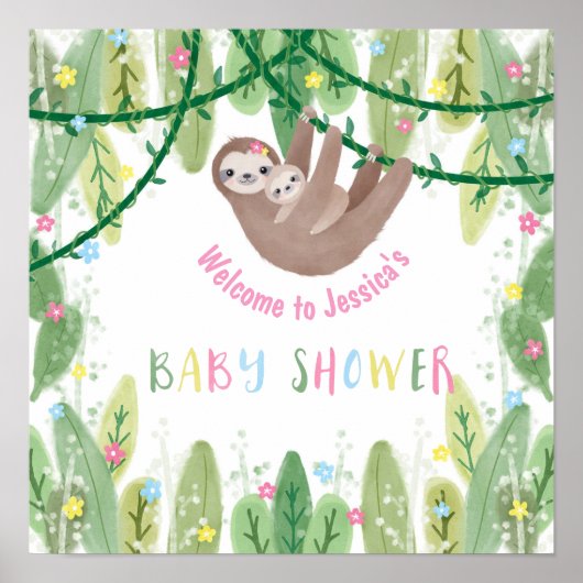 Sloth Baby Girl Duschdusche Jungle Thema Willkomme Poster (Vorne)
