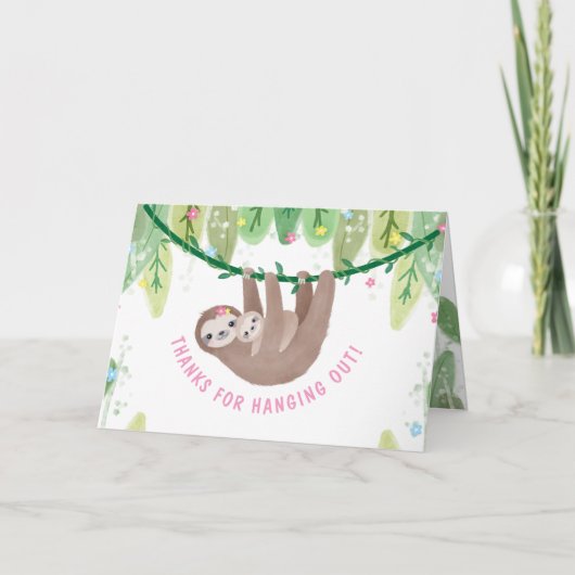 Sloth Baby Girl Duwer Jungle Thema Dankeskarte (Vorderseite)
