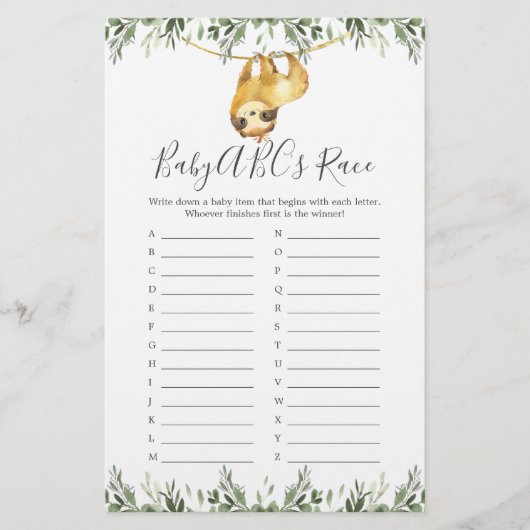 Sloth Baby Shower ABCs Race Game (Vorderseite)