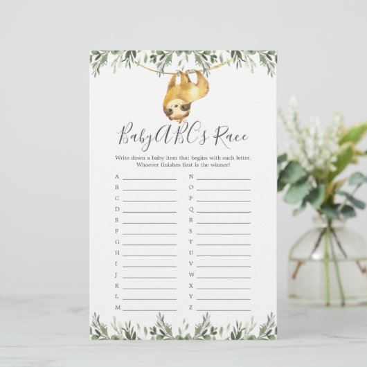 Sloth Baby Shower ABCs Race Game (Stehend Vorderseite)