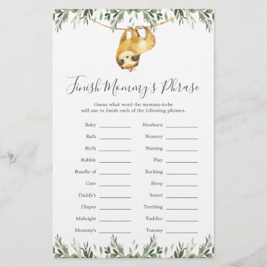 Sloth Baby Shower beendet Mommy's Phrase Game (Vorderseite)