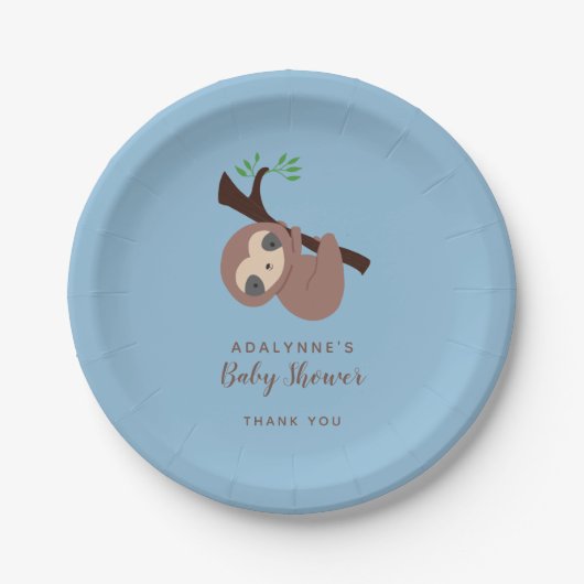 Sloth Baby Shower Boy Blue Brown Script Niedlich Pappteller (Vorderseite)