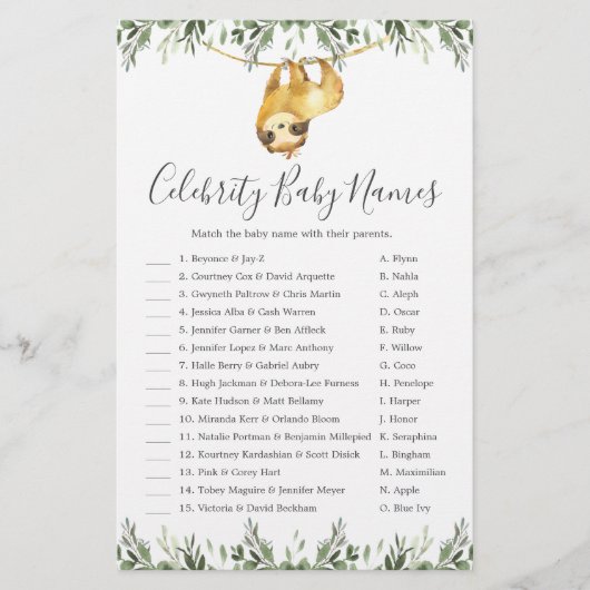 Sloth Baby Shower Celebrity Baby Names Game (Vorderseite)