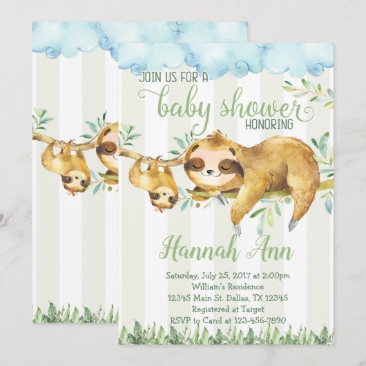 Sloth Baby Shower Einladung (Vorne/Hinten)
