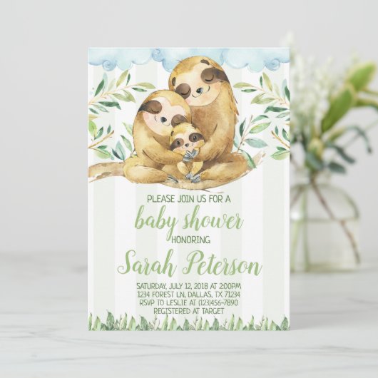 Sloth Baby Shower Einladung (Stehend Vorderseite)