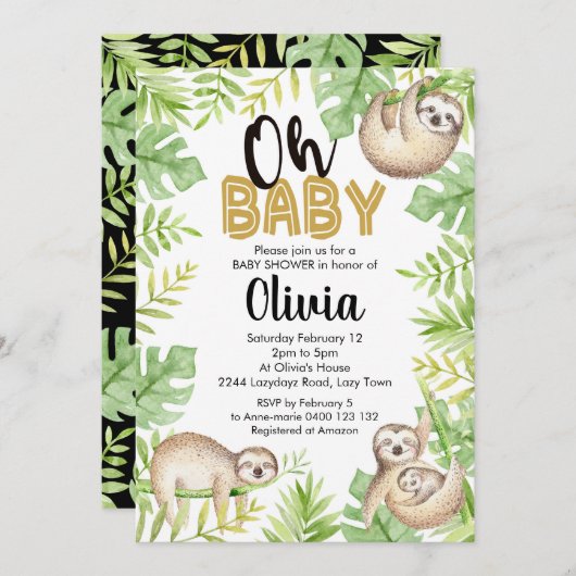 Sloth Baby Shower Einladung Baby Sloth (Vorne/Hinten)