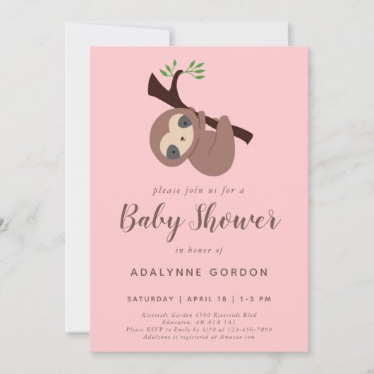 Sloth Baby Shower Girl Pink Brown Niedlich Einladung (Vorderseite)