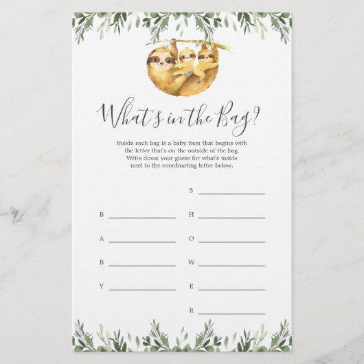 Sloth Baby Shower Guess Was ist im Bag Game? (Vorderseite)