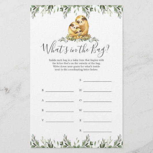 Sloth Baby Shower Guess Was ist im Bag Game? (Vorderseite)