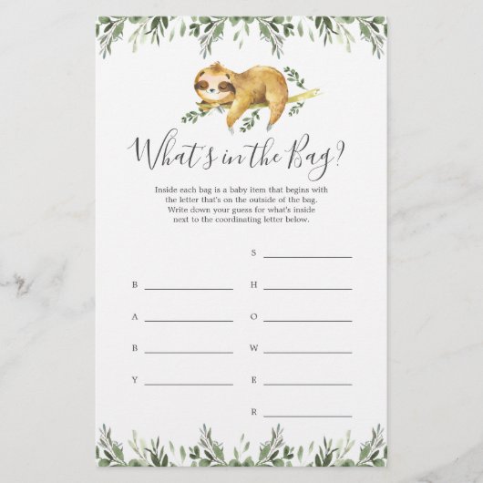Sloth Baby Shower Guess Was ist im Bag Game? (Vorderseite)