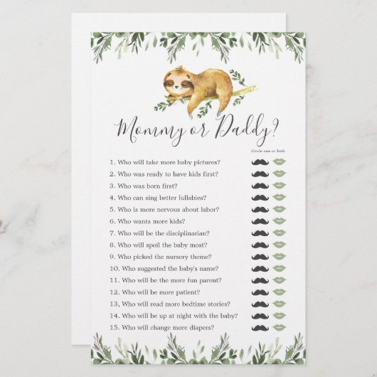 Sloth Baby Shower Mommy oder Daddy Game (Vorne/Hinten)