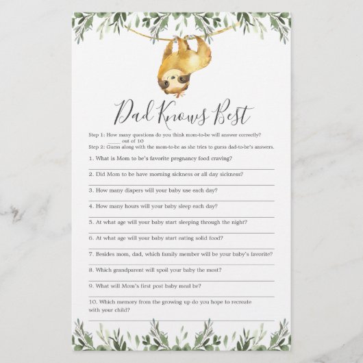 Sloth Baby Shower Vater kennt das beste Spiel (Vorderseite)
