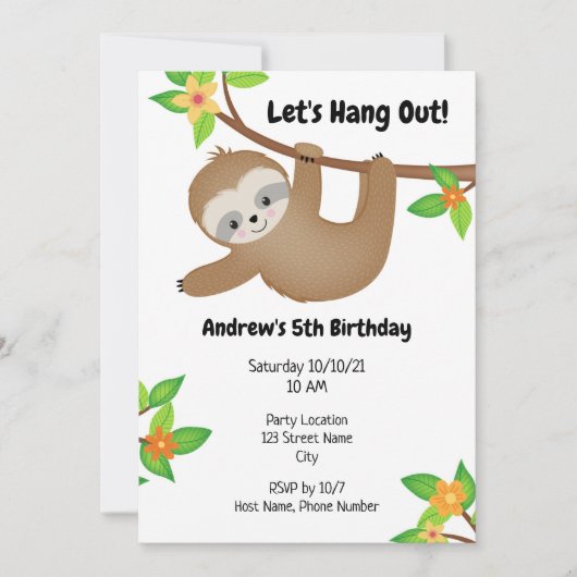 Sloth Birthday Einladung (Vorderseite)