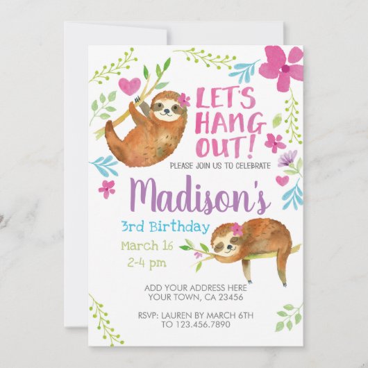 Sloth Birthday Einladung (Vorderseite)