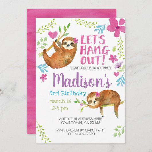 Sloth Birthday Einladung (Vorne/Hinten)
