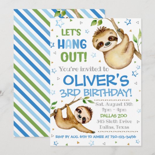 Sloth Birthday Einladung | Einladung (Vorne/Hinten)