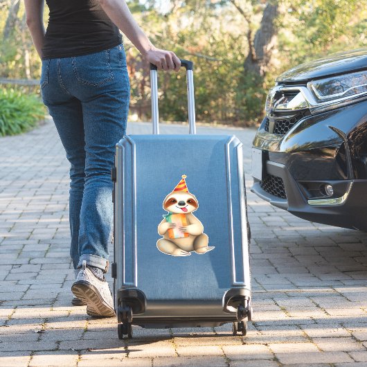 Sloth birthday gift cute funny happy party hat Cla Aufkleber (Koffer Insitu)