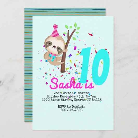 Sloth Birthday Girl Custom Theme Party Einladung (Vorne/Hinten)