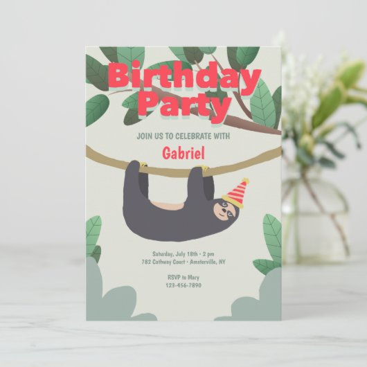 Sloth Birthday Party Einladung (Stehend Vorderseite)