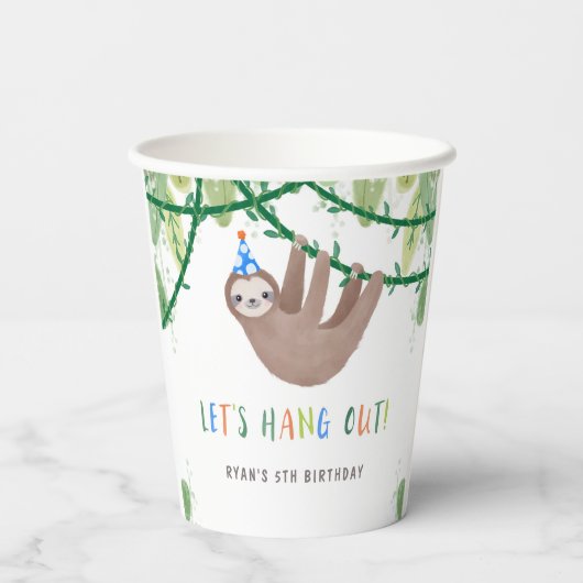 Sloth Birthday Party in Blau und Weiß Pappbecher (Rückseite)