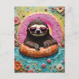 Sloth Chilling in einem Floating Donut Funny Colla Postkarte