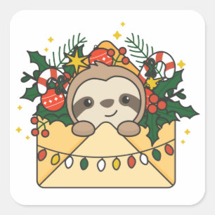 Sloth Christmas Letter Winter Animals Sloths Squar Quadratischer Aufkleber