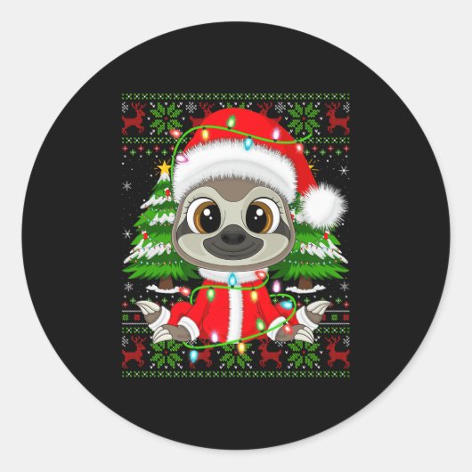 Sloth Christmas Lights Santa Costume Ugly Xmas Swe Runder Aufkleber (Vorderseite)