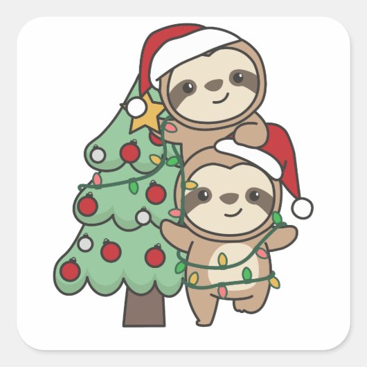 Sloth Christmas Tree Christmas Animals Sloths Quadratischer Aufkleber (Vorderseite)