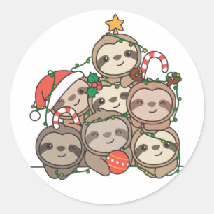 Sloth Christmas Tree Funny Animal Christmas Classi Runder Aufkleber