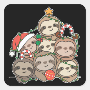 Sloth Christmas Tree Funny Animal Christmas Square Quadratischer Aufkleber