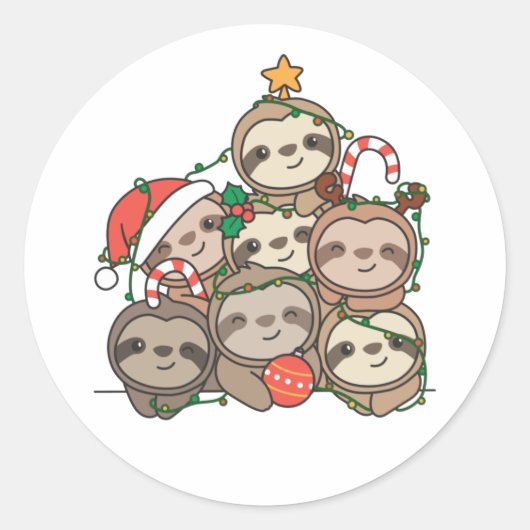 Sloth Christmas Tree Funny Runder Aufkleber (Vorderseite)
