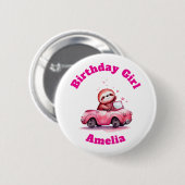 Sloth Driving a Pink Convertible Birthday Girl Button (Vorne & Hinten)