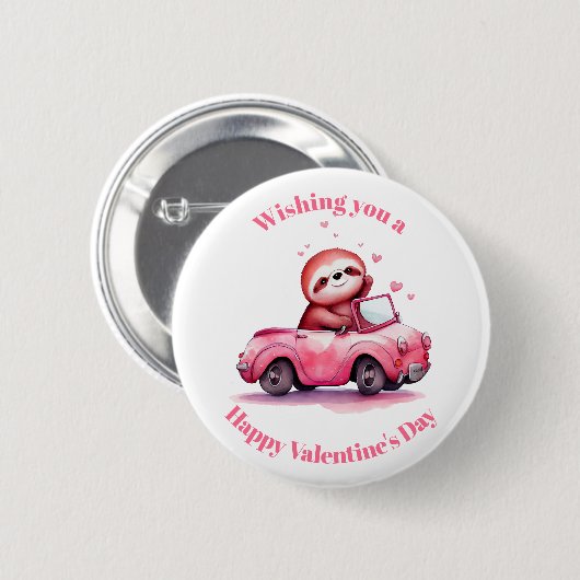 Sloth Driving a Pink Convertible Valentine's Day Button (Vorne & Hinten)