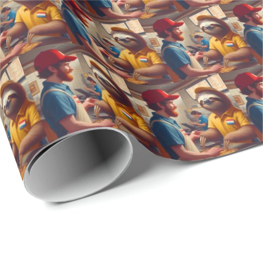 Sloth Fast Food Worker Geschenkpapier (Rolleneckpunkt)