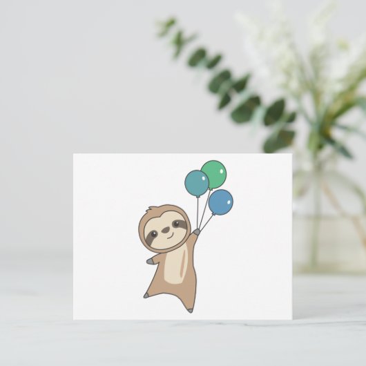 Sloth fliegt mit Balloons auf Postkarte (Stehend Vorderseite)