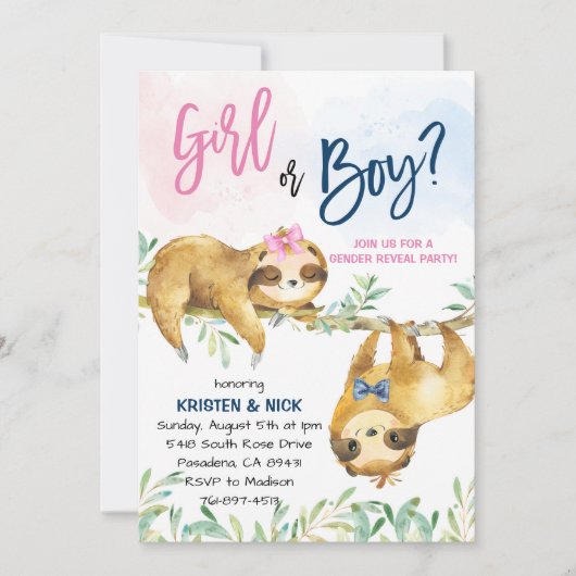 Sloth Gender Reveal Party Einladung (Vorderseite)