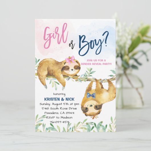 Sloth Gender Reveal Party Einladung (Stehend Vorderseite)