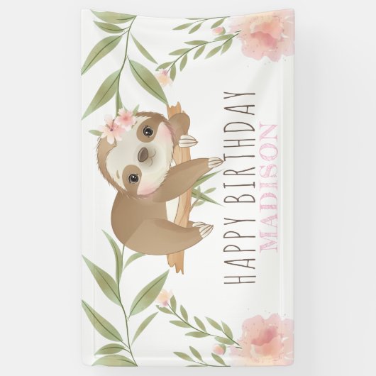 Sloth Girl Happy Birthday Personalisiert Banner (Vertikal)