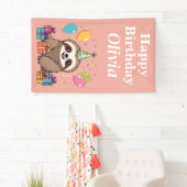Sloth Girl Happy Birthday Pink Personalisiert Banner (Insitu)