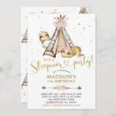 Sloth Girl Teepee Floral Sleepover Party Einladung (Vorne/Hinten)