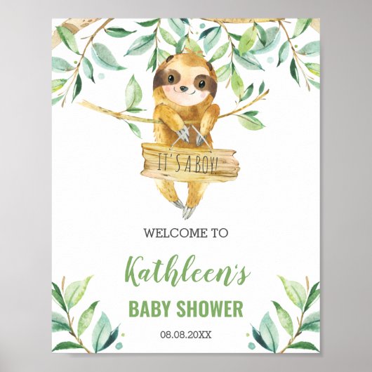 Sloth Greenery Boy Baby Dusche Begrüßungszeichen Poster (Vorne)