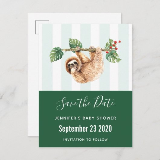 Sloth Hanging Upside Down Wasserfarbe Save the Dat Einladungspostkarte (Vorne/Hinten)