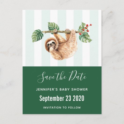 Sloth Hanging Upside Down Wasserfarbe Save the Dat Einladungspostkarte (Vorderseite)