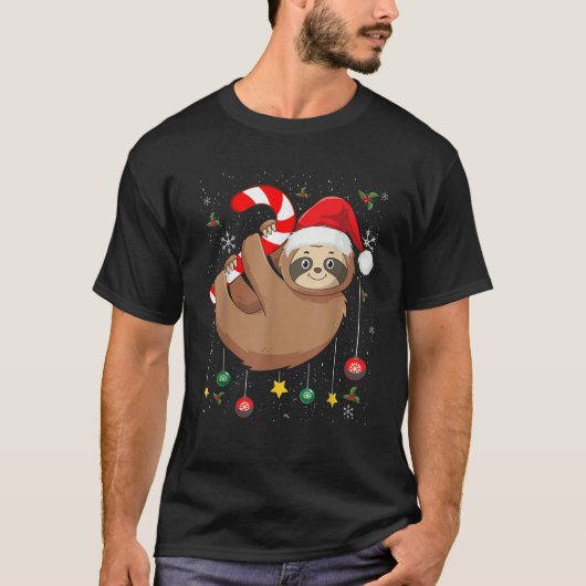 Sloth Hannging Candy Cane Christmas Pajama Niedlic T-Shirt (Vorderseite)