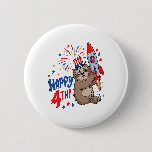 Sloth Happy 4th Rocket Fireworks USA Button (Vorderseite)